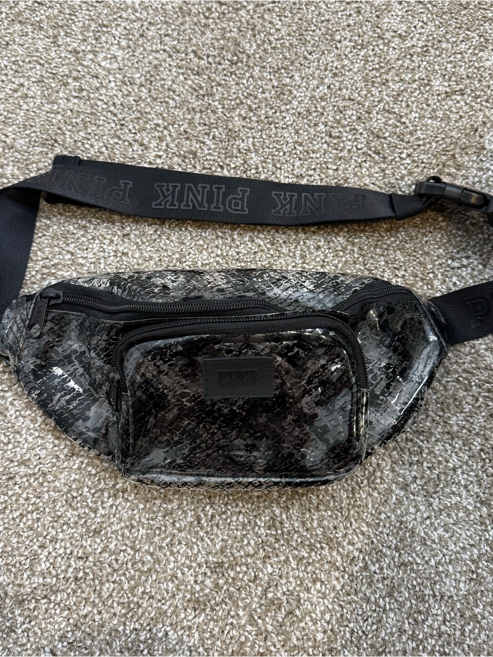 PINK Victoria's Secret Black Glossy Patterned Belt Bag